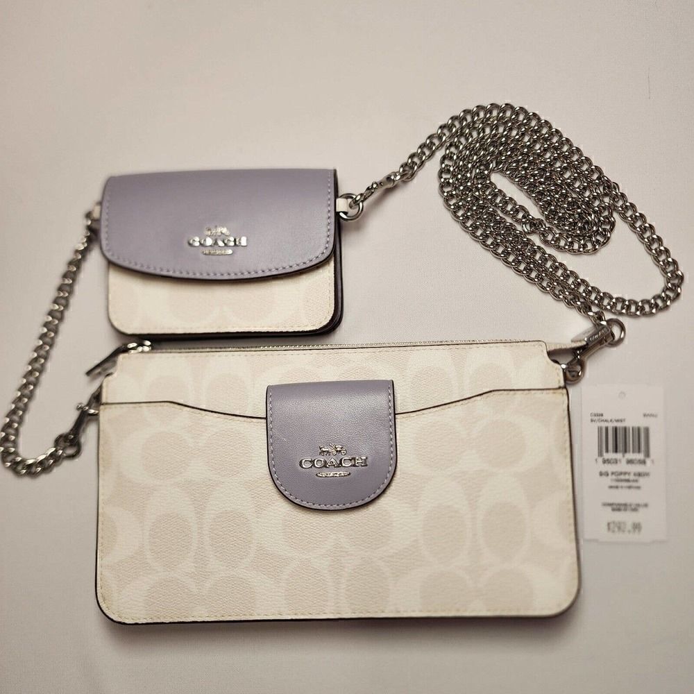COACH C3328 Poppy Crossbody With Card Case Signature Canvas Leather Chalk Purple
